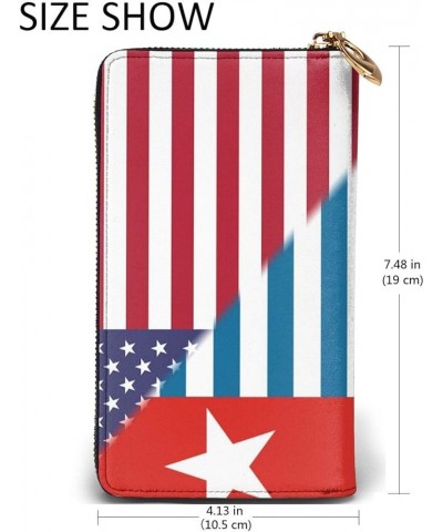 American Flag And British Flag Ladies Long Wallet Genuine Cowhide Zip Closure Card Slot Wallet American Flag And West Papua N...