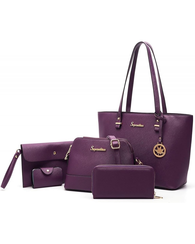 Handbag for Women Wallet Tote Bag Shoulder Bags Top Handle Satchel 5pcs Purse Set Purple $30.99 Satchels