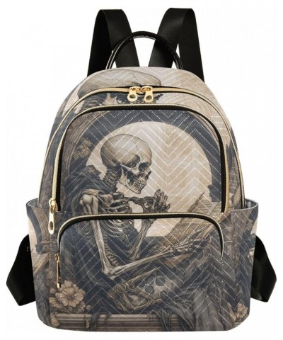 Small Fashion Backpack for Women Skeleton Reading Print Ladies Travel Daypack Aesthetic Shoulder Bag 11.4×6.1×14.1 IN $14.40 ...