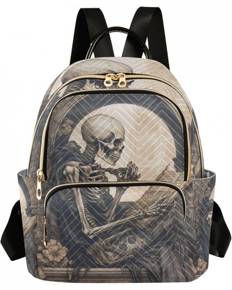 Small Fashion Backpack for Women Skeleton Reading Print Ladies Travel Daypack Aesthetic Shoulder Bag 11.4×6.1×14.1 IN $14.40 ...