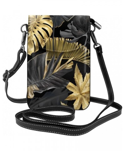 Gold and Black Tropical Leaves Exotic Botanical Palm Small Crossbody Bags for Women PU Leather Cell Phone Purse Wallet with C...