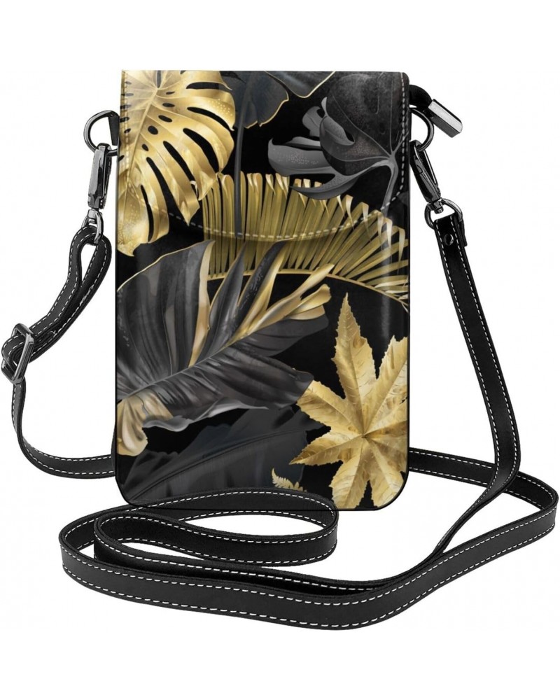 Gold and Black Tropical Leaves Exotic Botanical Palm Small Crossbody Bags for Women PU Leather Cell Phone Purse Wallet with C...