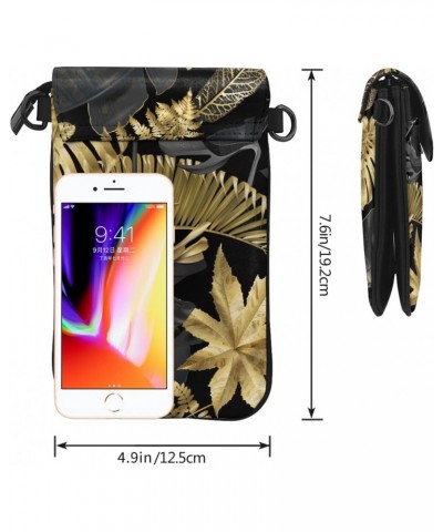 Gold and Black Tropical Leaves Exotic Botanical Palm Small Crossbody Bags for Women PU Leather Cell Phone Purse Wallet with C...