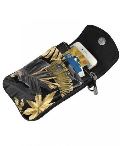 Gold and Black Tropical Leaves Exotic Botanical Palm Small Crossbody Bags for Women PU Leather Cell Phone Purse Wallet with C...