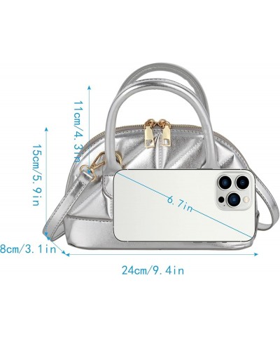 Women's Patent Leather Dome Satchel Handbag Shell Shape Mini Purse Top Handle Tote Bag A-silver $12.47 Totes