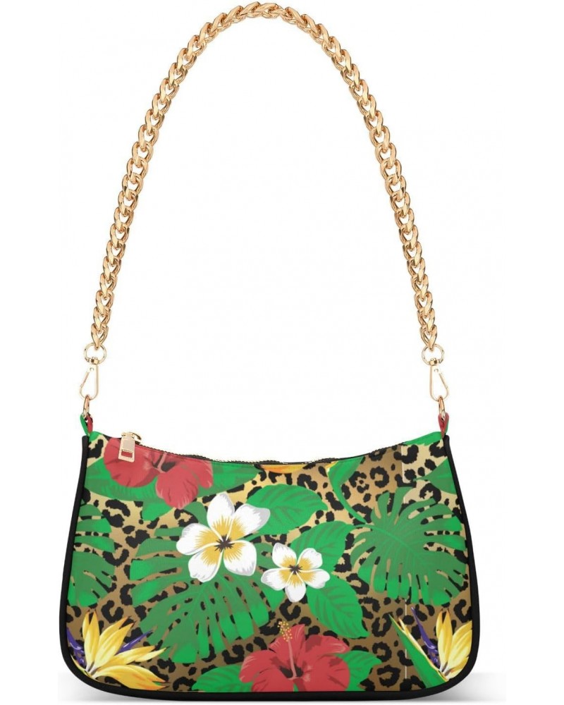 Tropical Flowers Leopard Shoulder Bag for Women Clutch Shoulder Purse Chain Bag with Zipper Closure Women's Tote Hobo Handbag...