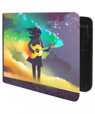 Unique Desige Pattern - Dark Guitarist and Neon Rainbow Smoke, Slim Front Pocket Wallet Billfold RFID Blocking $10.63 Wallets