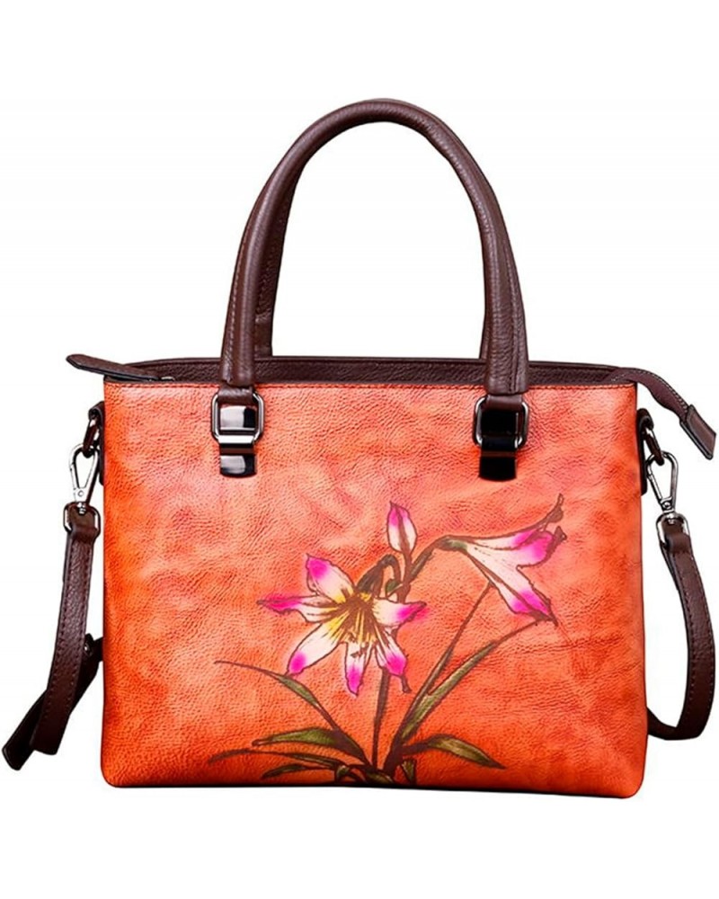 Retro Tote Bag for Women Genuine Leather Flower Print Soft Handbags Large Capacity Shoulder Bags Travel Satchel Purses Brown ...