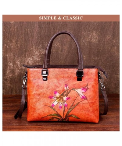 Retro Tote Bag for Women Genuine Leather Flower Print Soft Handbags Large Capacity Shoulder Bags Travel Satchel Purses Brown ...