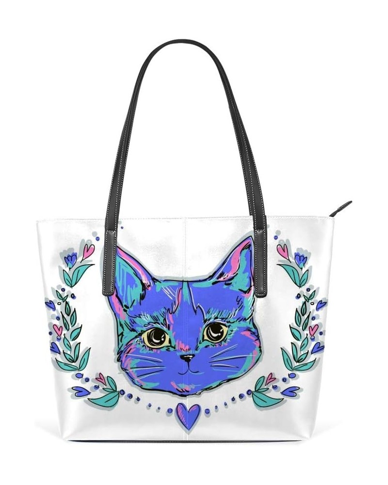 Shopper Bag Large Work Tote Bags Women's PU Leather Fashion Beautiful Cat and Flowers Handbags Casual Bag $22.99 Totes