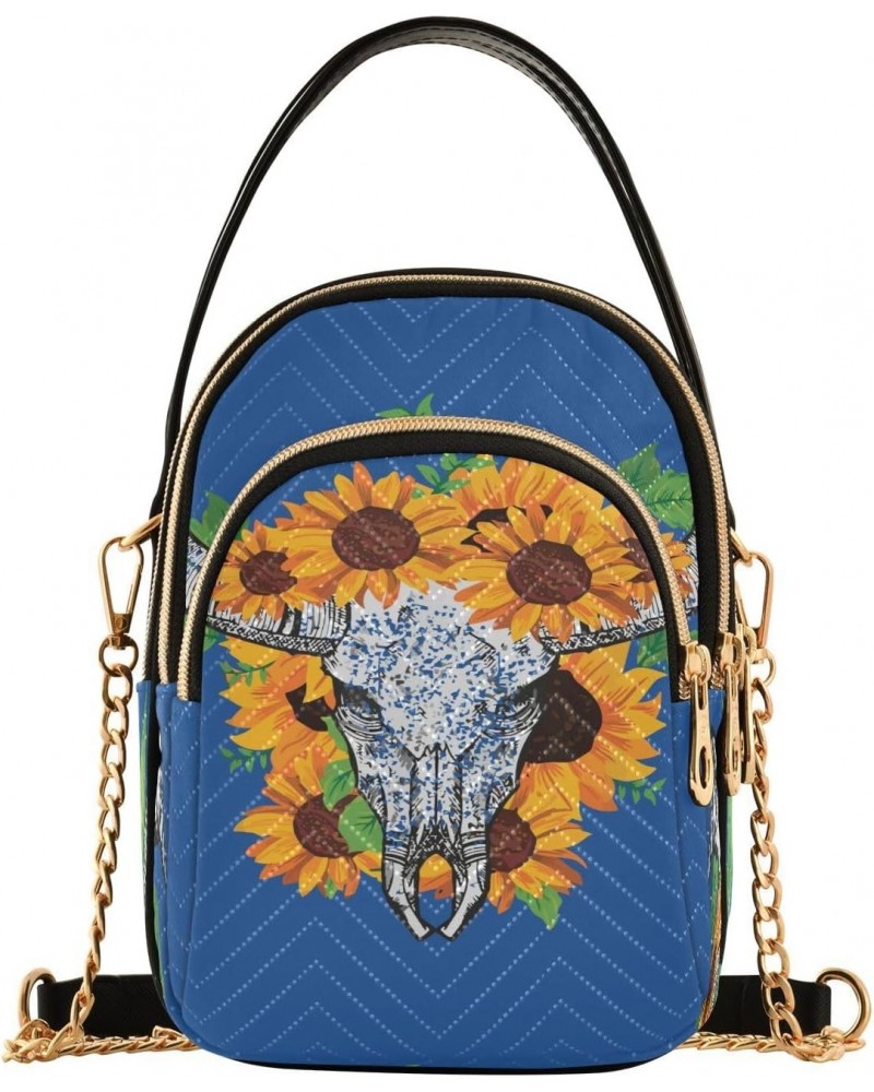 Cow Bull Skull Sunflower Crossbody Bags for Women Quilted Chain Crossbody Purses Trendy Tribal Cross Body Phone Purse Handbag...