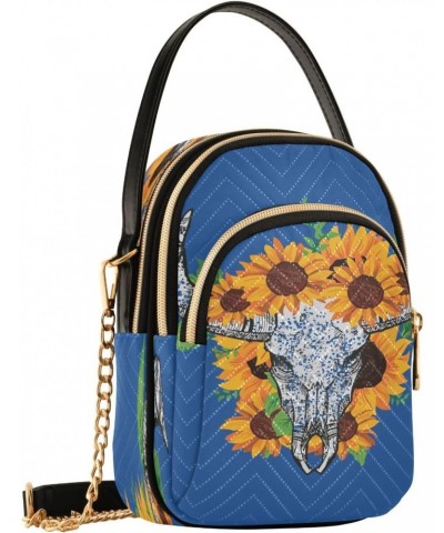 Cow Bull Skull Sunflower Crossbody Bags for Women Quilted Chain Crossbody Purses Trendy Tribal Cross Body Phone Purse Handbag...