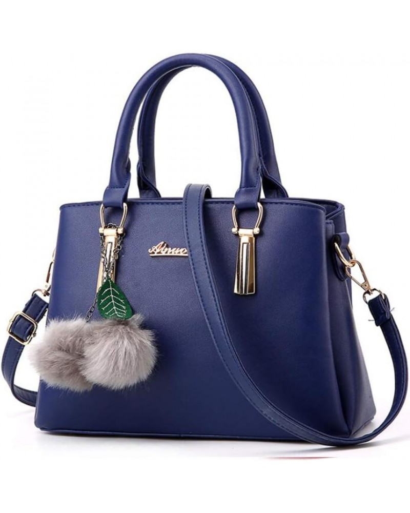 Women Handbag Shoulder Bag Clutch Satchels PU Leather With Hairball Decoration-Beige Dark Blue $25.06 Totes