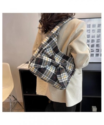 Womens Bowknot Canvas Shoulder Bag Woolen Tote Bag for Women Fashion Lattice Bucket Tote Bags Handbags Large Size Black $12.2...