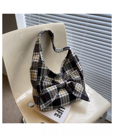 Womens Bowknot Canvas Shoulder Bag Woolen Tote Bag for Women Fashion Lattice Bucket Tote Bags Handbags Large Size Black $12.2...