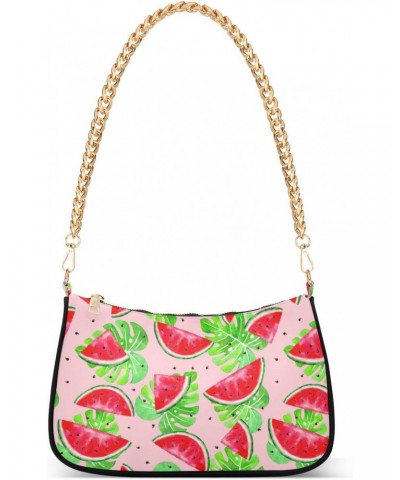 Women Chain Shoulder Purse Bag With Zipper Watermelon Summer Fruit Print, Tropical Leaves Hobo Tote Clutch Handbags with Chai...