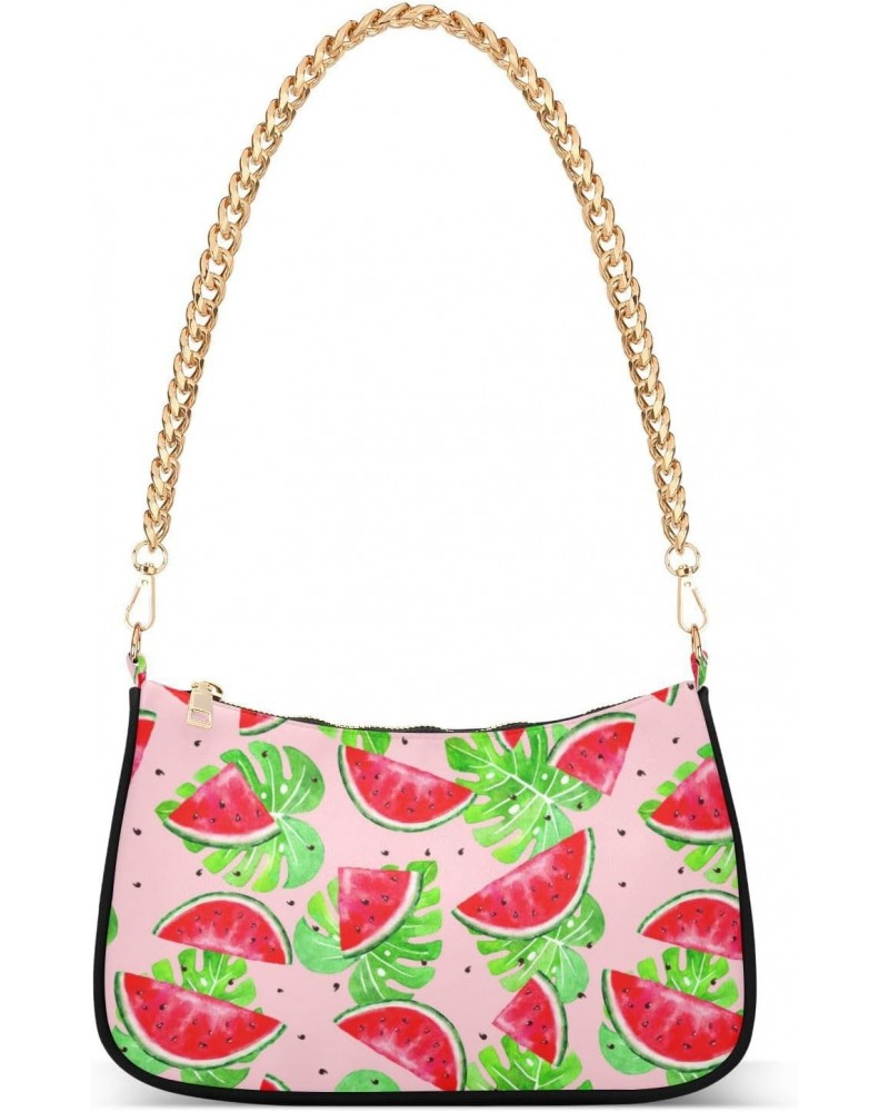 Women Chain Shoulder Purse Bag With Zipper Watermelon Summer Fruit Print, Tropical Leaves Hobo Tote Clutch Handbags with Chai...