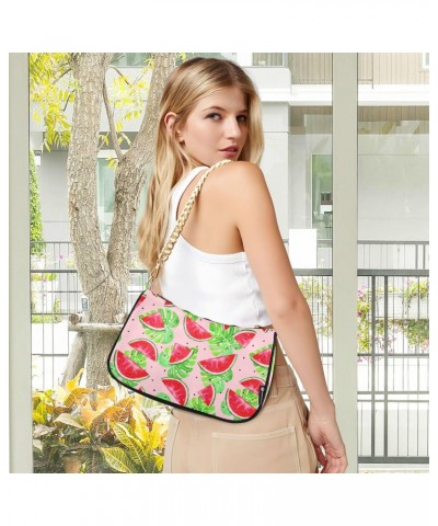 Women Chain Shoulder Purse Bag With Zipper Watermelon Summer Fruit Print, Tropical Leaves Hobo Tote Clutch Handbags with Chai...