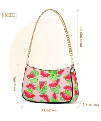 Women Chain Shoulder Purse Bag With Zipper Watermelon Summer Fruit Print, Tropical Leaves Hobo Tote Clutch Handbags with Chai...