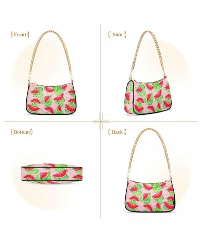 Women Chain Shoulder Purse Bag With Zipper Watermelon Summer Fruit Print, Tropical Leaves Hobo Tote Clutch Handbags with Chai...