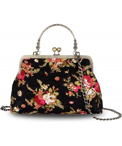 Floral Top Handle Handbag Chain Strap Women Kiss Lock Canvas Frame Shoulder Bag Black $25.51 Shoulder Bags