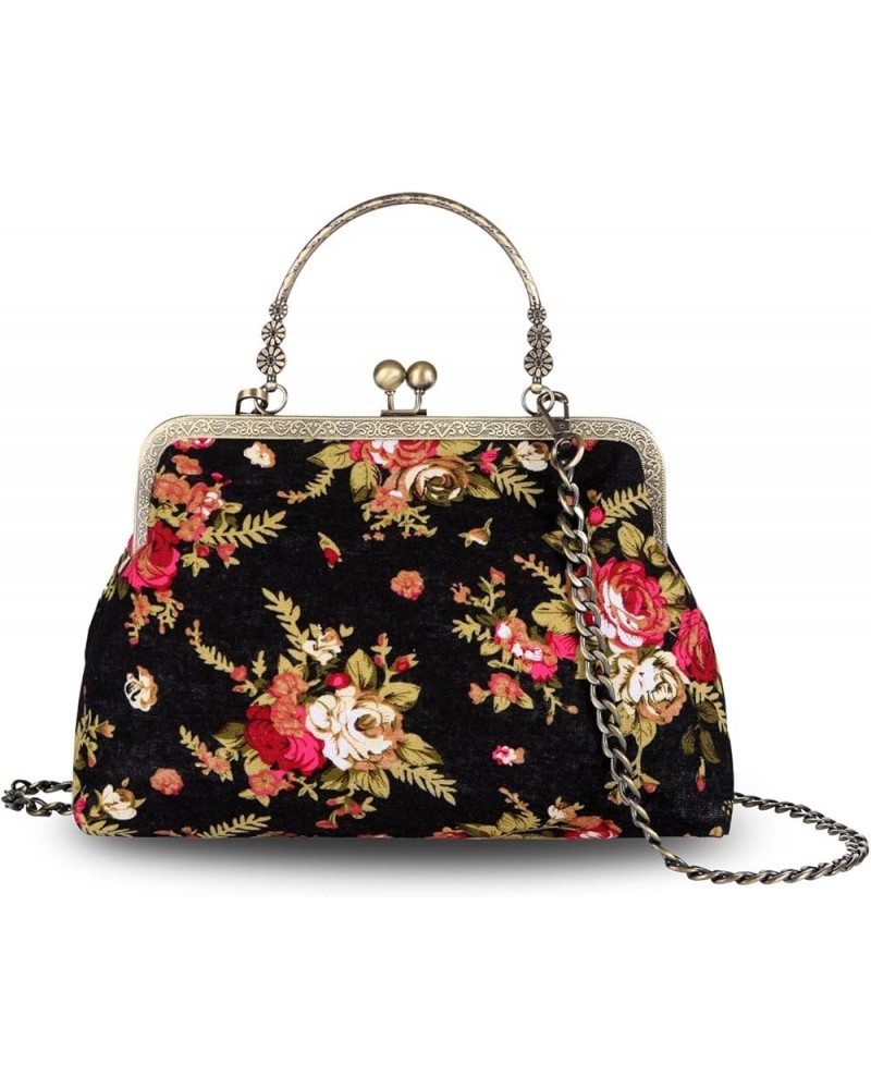 Floral Top Handle Handbag Chain Strap Women Kiss Lock Canvas Frame Shoulder Bag Black $25.51 Shoulder Bags