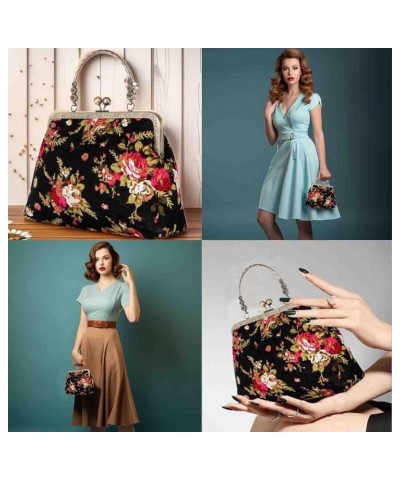 Floral Top Handle Handbag Chain Strap Women Kiss Lock Canvas Frame Shoulder Bag Black $25.51 Shoulder Bags