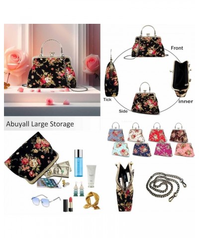 Floral Top Handle Handbag Chain Strap Women Kiss Lock Canvas Frame Shoulder Bag Black $25.51 Shoulder Bags