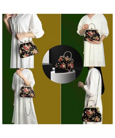 Floral Top Handle Handbag Chain Strap Women Kiss Lock Canvas Frame Shoulder Bag Black $25.51 Shoulder Bags