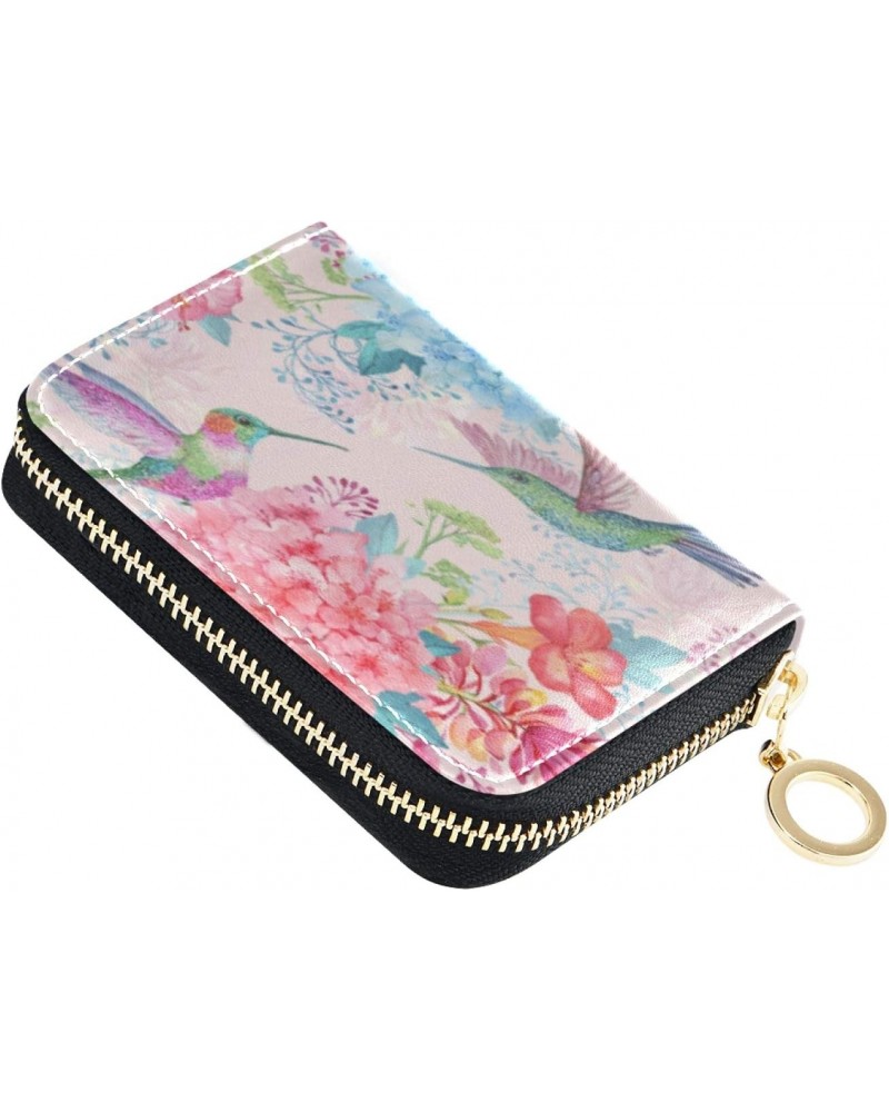 RFID Credit Card Holder Case Watercolor Flowers Hummingbirds Leather Printed Zipper Card Case Wallet for Women Girls $11.20 W...