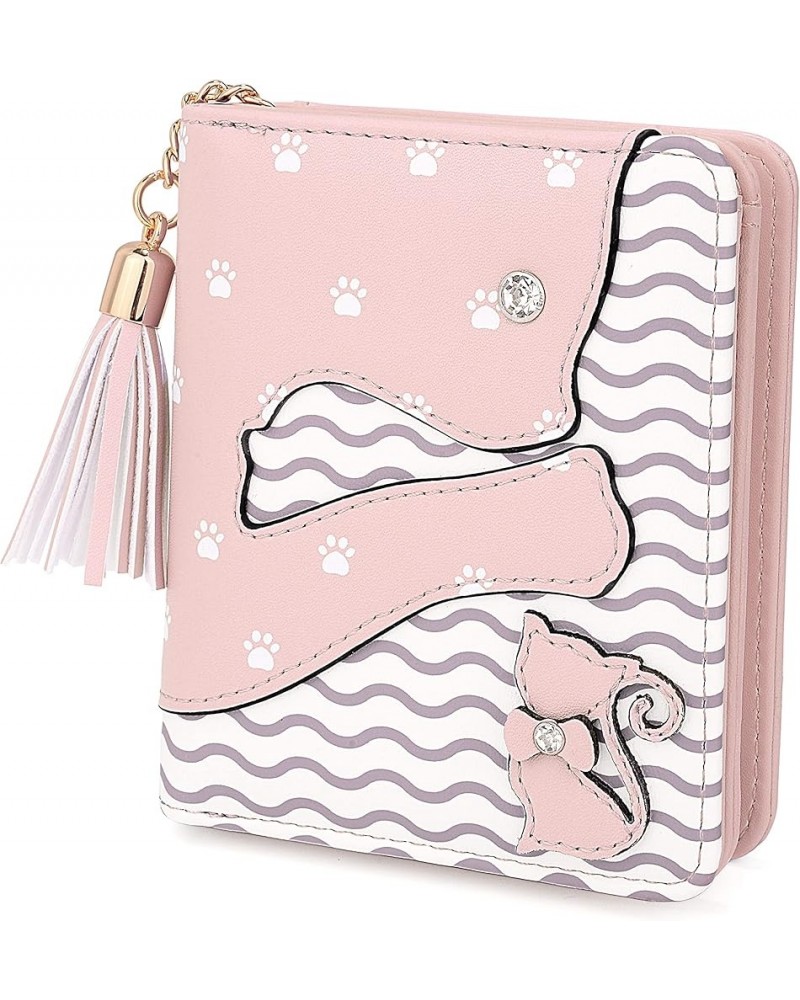 Wallet for Girls Cute Cat Leather Vegan Small Women Card Holder Kawaii Coin Purse with Tassel 1179 Light Pink $10.39 Wallets