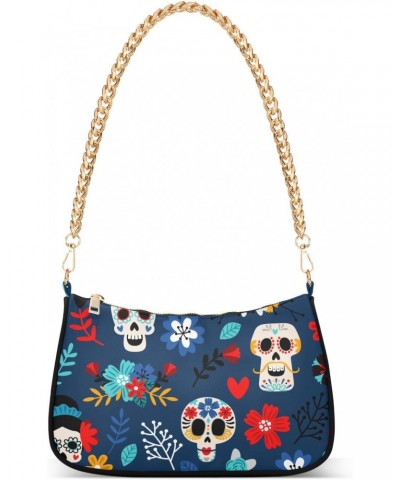 Skulls Flowers Shoulder Bag for Women Crescent Bag Clutch Purse with Zipper Closure for Travel Gift Chain Bag $12.90 Shoulder...