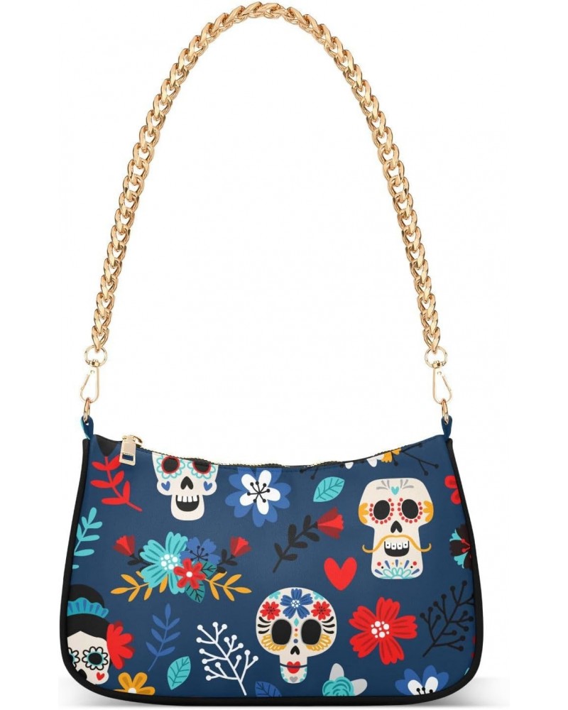 Skulls Flowers Shoulder Bag for Women Crescent Bag Clutch Purse with Zipper Closure for Travel Gift Chain Bag $12.90 Shoulder...