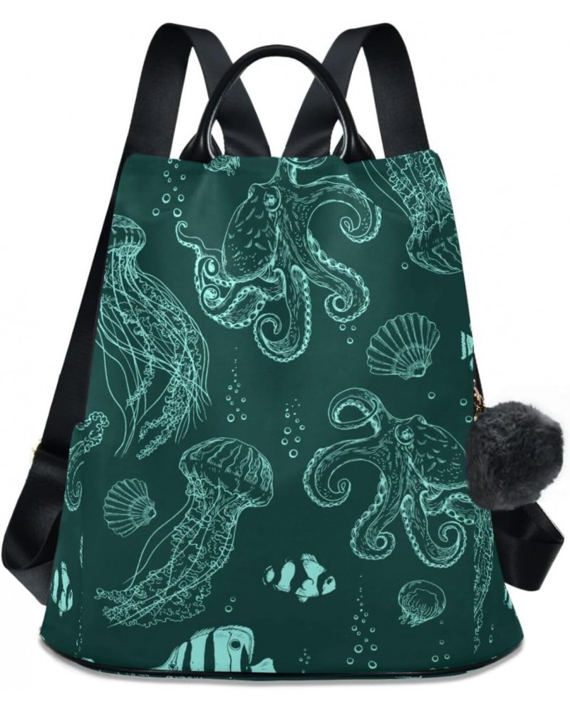 Jellyfish Octopus Green Backpack for Women, Fashion Anti Theft Casual Daypack Shoulder Bag Purse for Travel Work 15 inches $2...