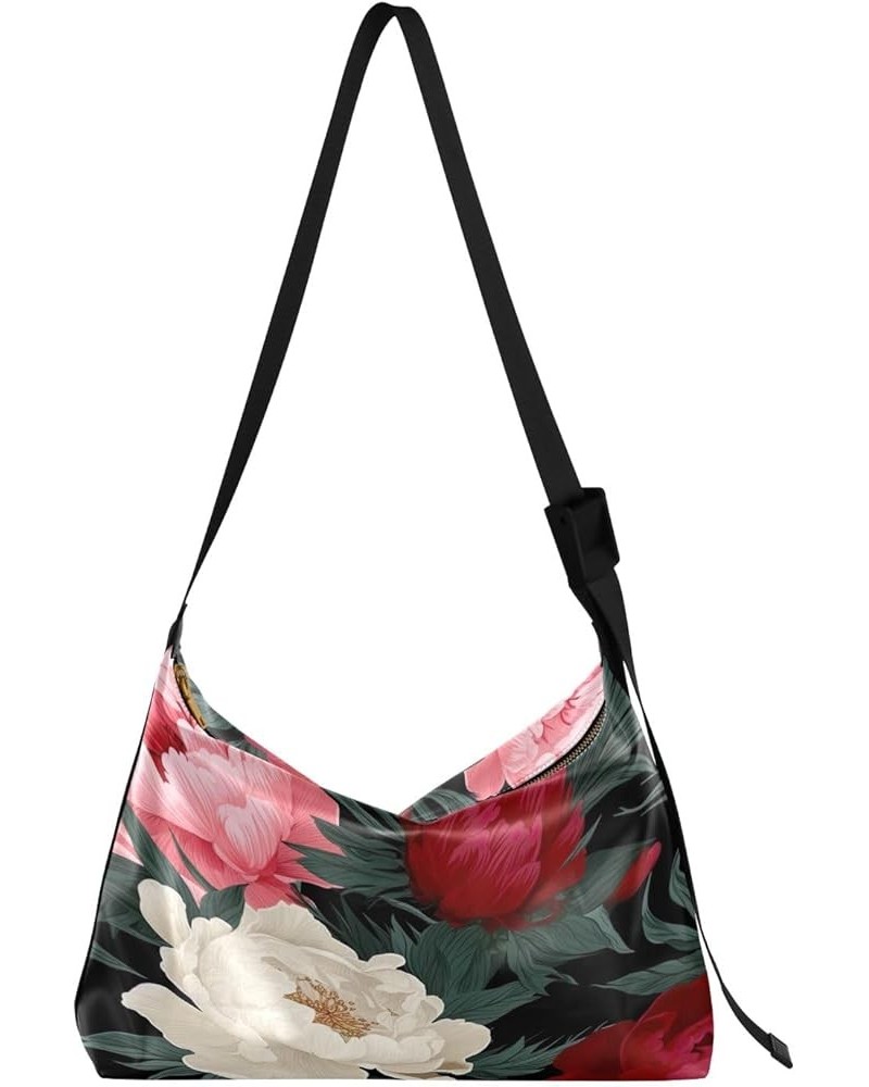 Galaxy Wallpaper Wide Strap Crossbody Bag, Leather Shoulder Bag, Men Leather Sling Shoulder Bag Four Peony Flowers-1 $20.51 H...