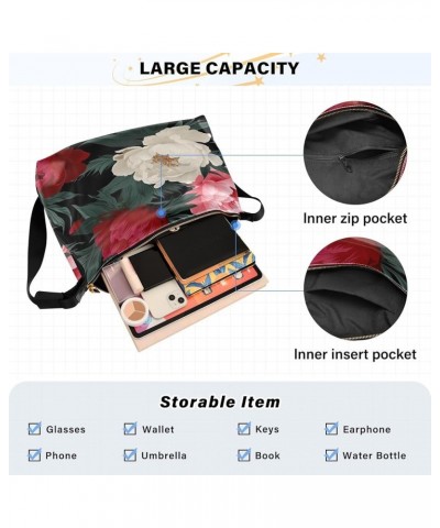 Galaxy Wallpaper Wide Strap Crossbody Bag, Leather Shoulder Bag, Men Leather Sling Shoulder Bag Four Peony Flowers-1 $20.51 H...