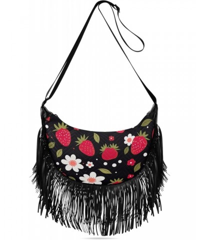 Strawberries Flower Black Tassel Crossbody Handbags for Women Ample Capacity Shoulder Bag with Adjustable Strap Durable Trave...