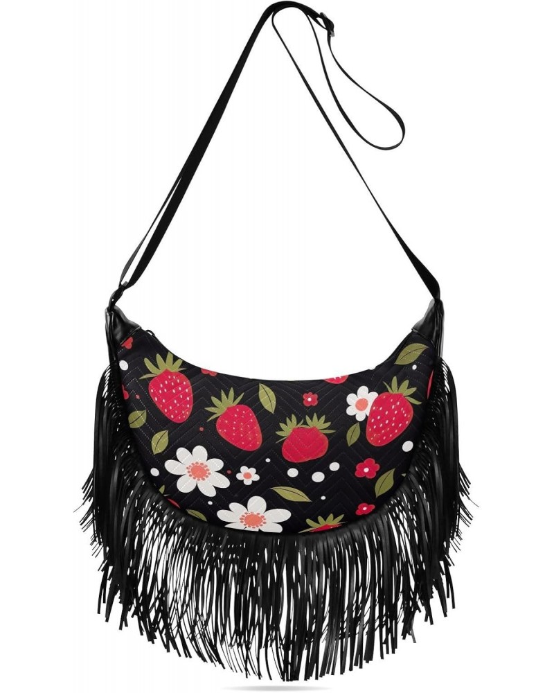 Strawberries Flower Black Tassel Crossbody Handbags for Women Ample Capacity Shoulder Bag with Adjustable Strap Durable Trave...