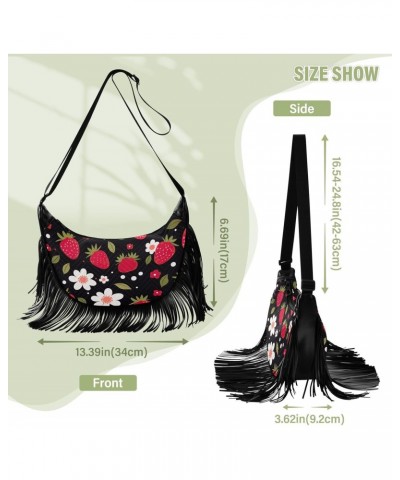 Strawberries Flower Black Tassel Crossbody Handbags for Women Ample Capacity Shoulder Bag with Adjustable Strap Durable Trave...