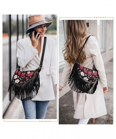 Strawberries Flower Black Tassel Crossbody Handbags for Women Ample Capacity Shoulder Bag with Adjustable Strap Durable Trave...