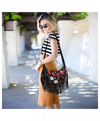 Strawberries Flower Black Tassel Crossbody Handbags for Women Ample Capacity Shoulder Bag with Adjustable Strap Durable Trave...