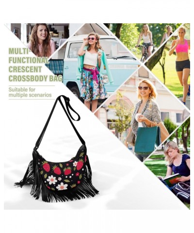 Strawberries Flower Black Tassel Crossbody Handbags for Women Ample Capacity Shoulder Bag with Adjustable Strap Durable Trave...