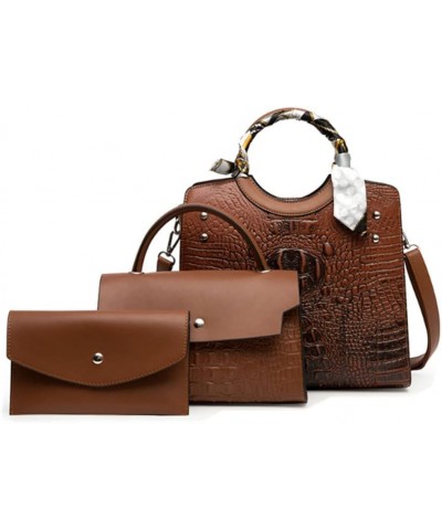 Women Retro Round Handle Bag Crocodile Pattern Shoulder Crossbody Bags 3pcs Brown $28.04 Totes