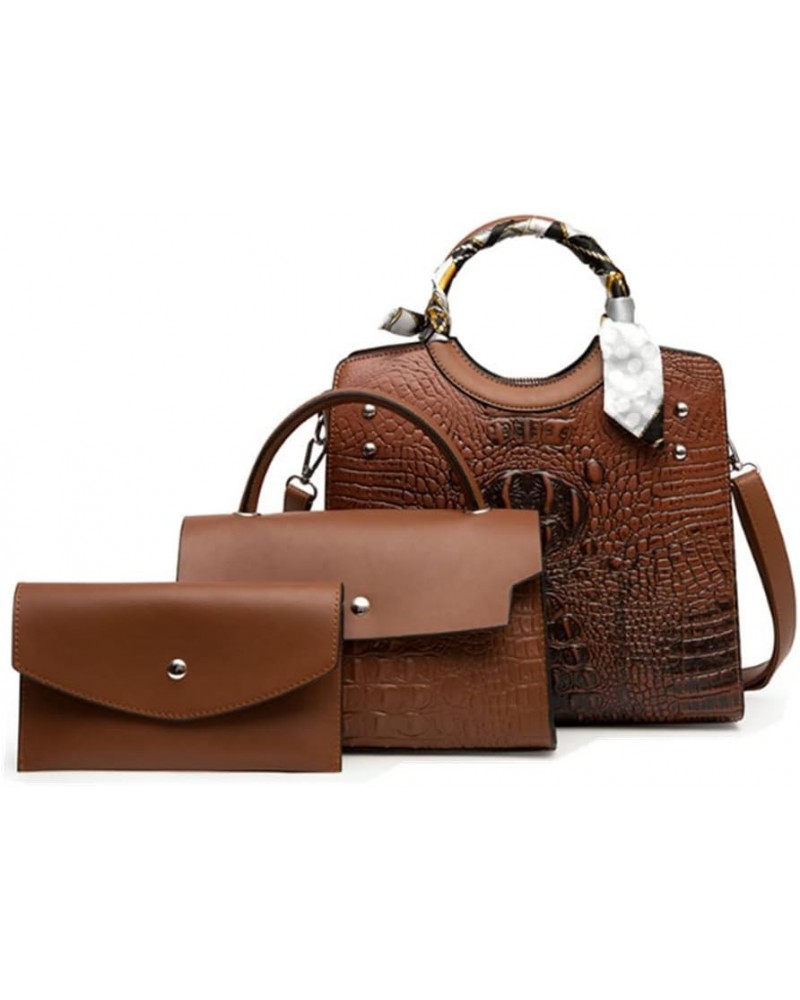 Women Retro Round Handle Bag Crocodile Pattern Shoulder Crossbody Bags 3pcs Brown $28.04 Totes