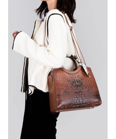 Women Retro Round Handle Bag Crocodile Pattern Shoulder Crossbody Bags 3pcs Brown $28.04 Totes