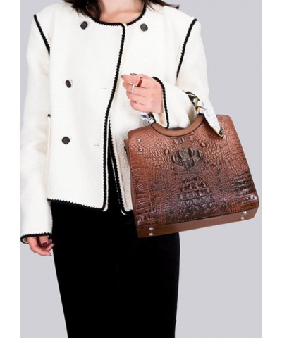 Women Retro Round Handle Bag Crocodile Pattern Shoulder Crossbody Bags 3pcs Brown $28.04 Totes