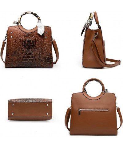 Women Retro Round Handle Bag Crocodile Pattern Shoulder Crossbody Bags 3pcs Brown $28.04 Totes