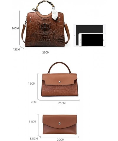 Women Retro Round Handle Bag Crocodile Pattern Shoulder Crossbody Bags 3pcs Brown $28.04 Totes