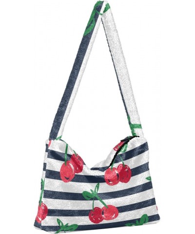 Fruit Women Boho Handbag Cherry Navy Stripes Underarm Bag Tote Bag Shoulder Bag Crossbody Bag Fluffy Cell Phone Purse Patriot...