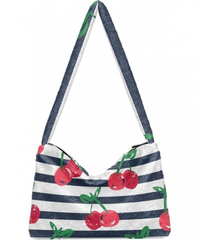 Fruit Women Boho Handbag Cherry Navy Stripes Underarm Bag Tote Bag Shoulder Bag Crossbody Bag Fluffy Cell Phone Purse Patriot...